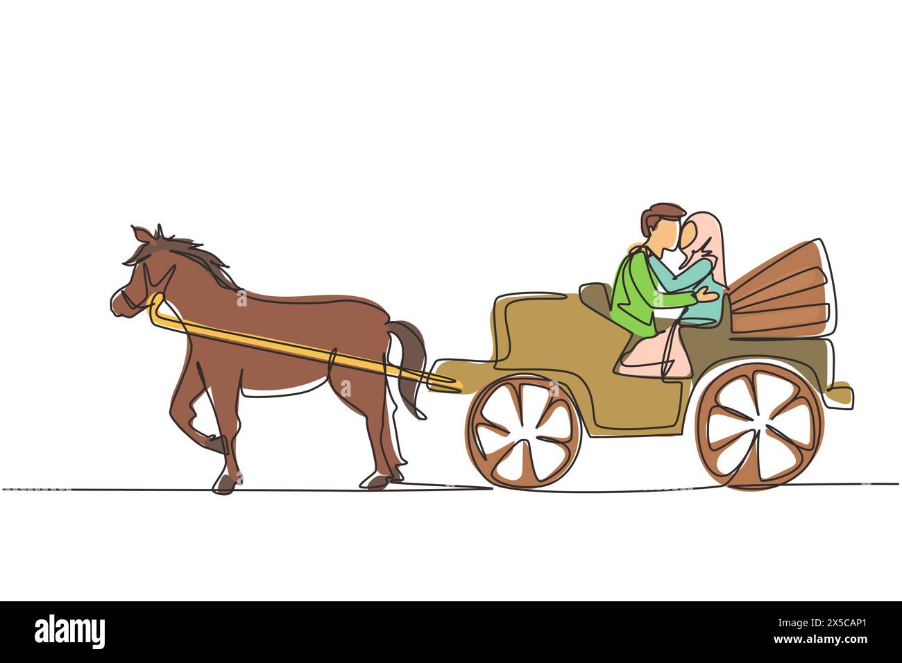 Simple dessin d'une ligne mariage couple arabe essayant de s'embrasser. Je viens de me marier. Bonheur mariée et marié assis dans une calèche tirée par un cheval. Conti Illustration de Vecteur