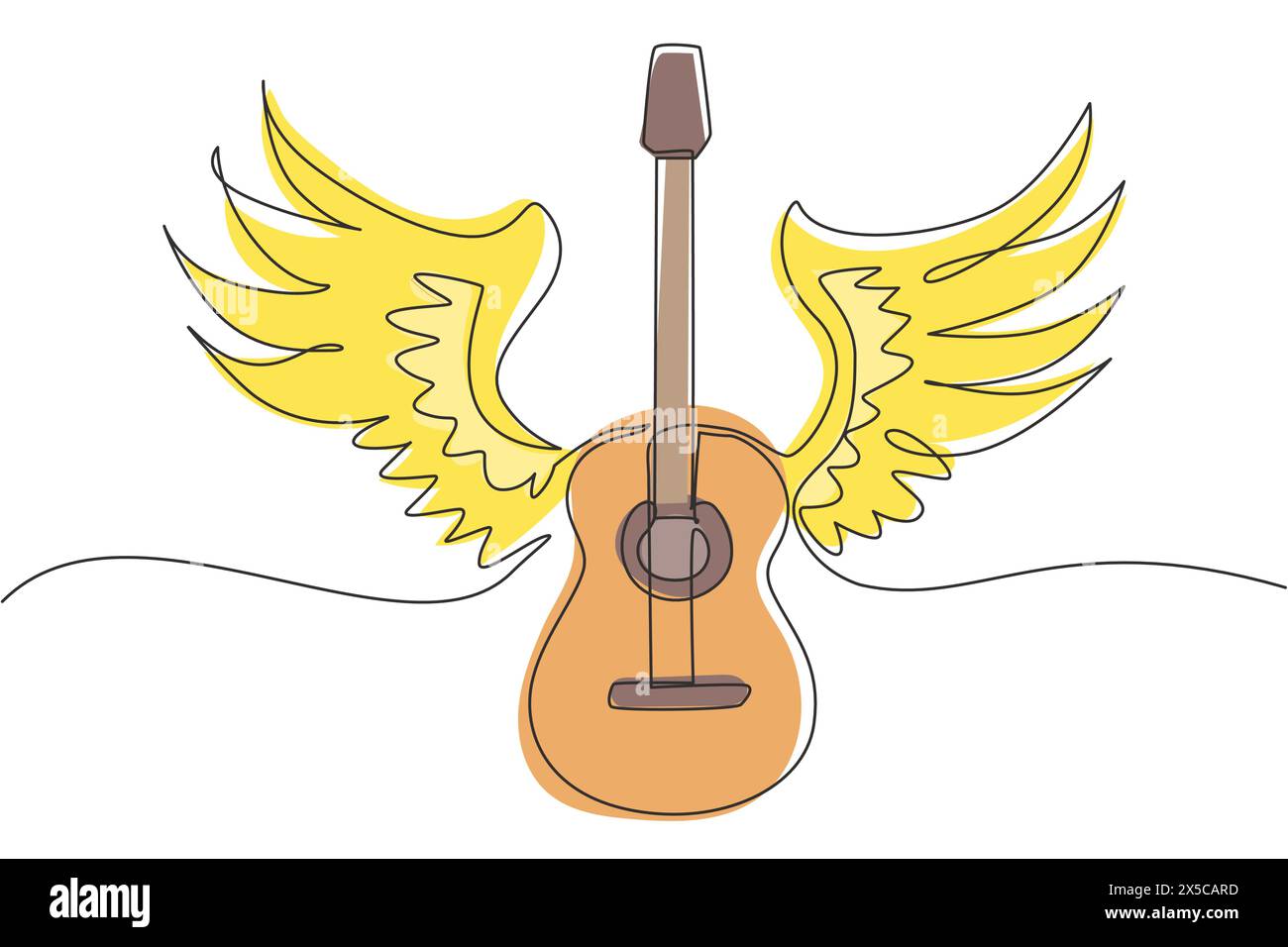 Guitare acoustique stylisée à une ligne avec ailes d'ange. Instrument de musique d'illustration noir et blanc. Concert rock. Emblème musical. Mode Illustration de Vecteur