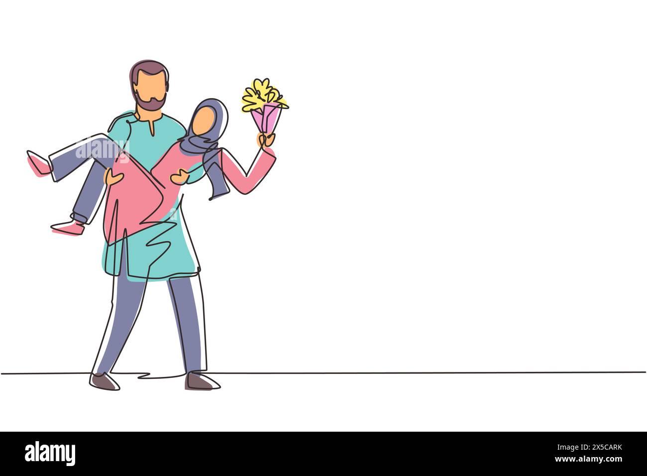 Ligne continue unique dessinant homme arabe tenant une femme et faisant une proposition de mariage avec bouquet. Garçon amoureux donnant des fleurs. Couple se préparant Illustration de Vecteur