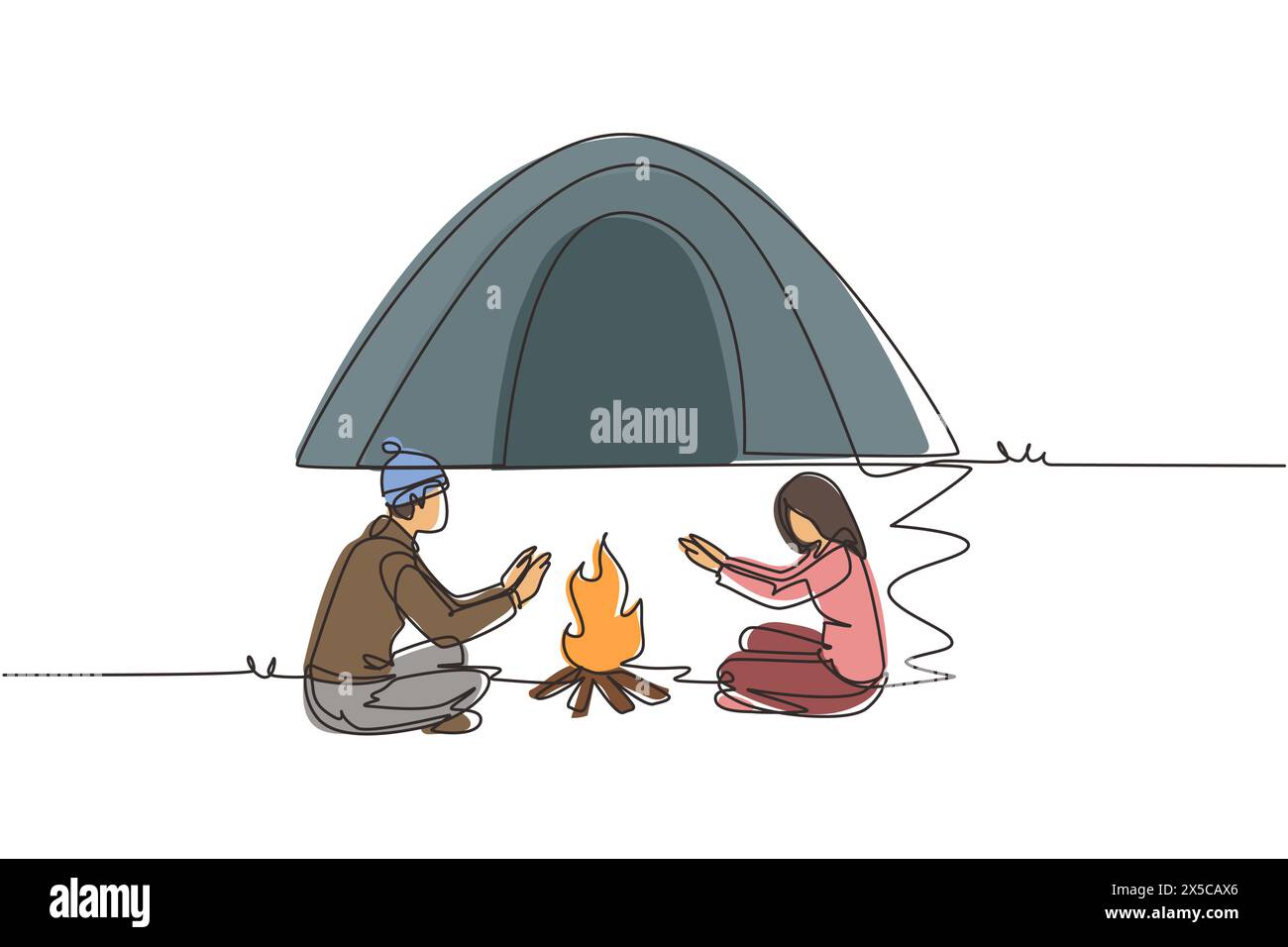 Ligne continue unique dessinant le couple voyageur de camping récréatif actif autour de tentes de feu de camp. Un homme et une femme se réchauffent les mains près du feu de joie. Dynamique Illustration de Vecteur