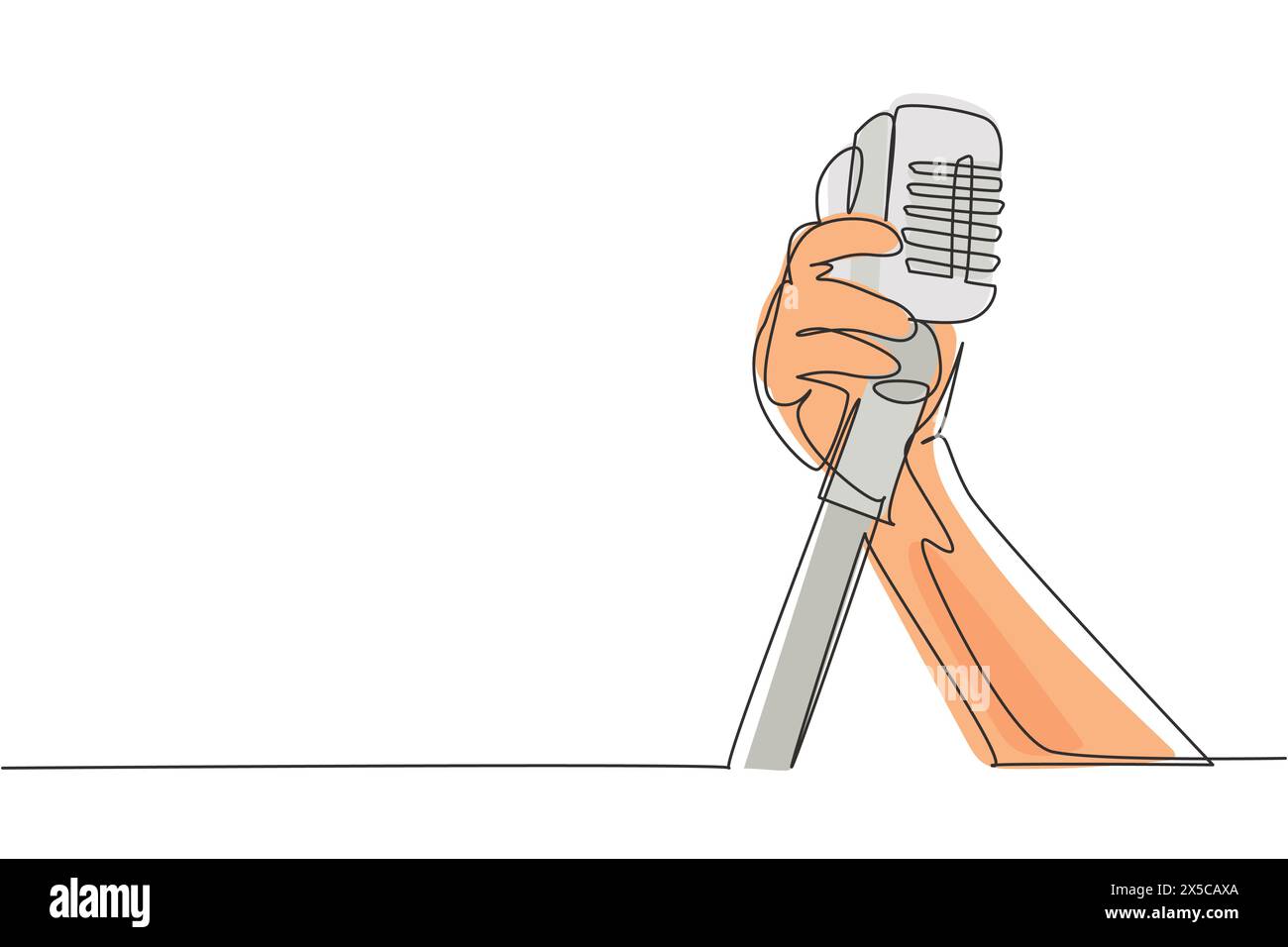 Main de dessin continu d'une ligne tenant un microphone rétro sur fond blanc. Concert live de musique rock avec vieux microphone. MIC pour chanter une chanson. S Illustration de Vecteur