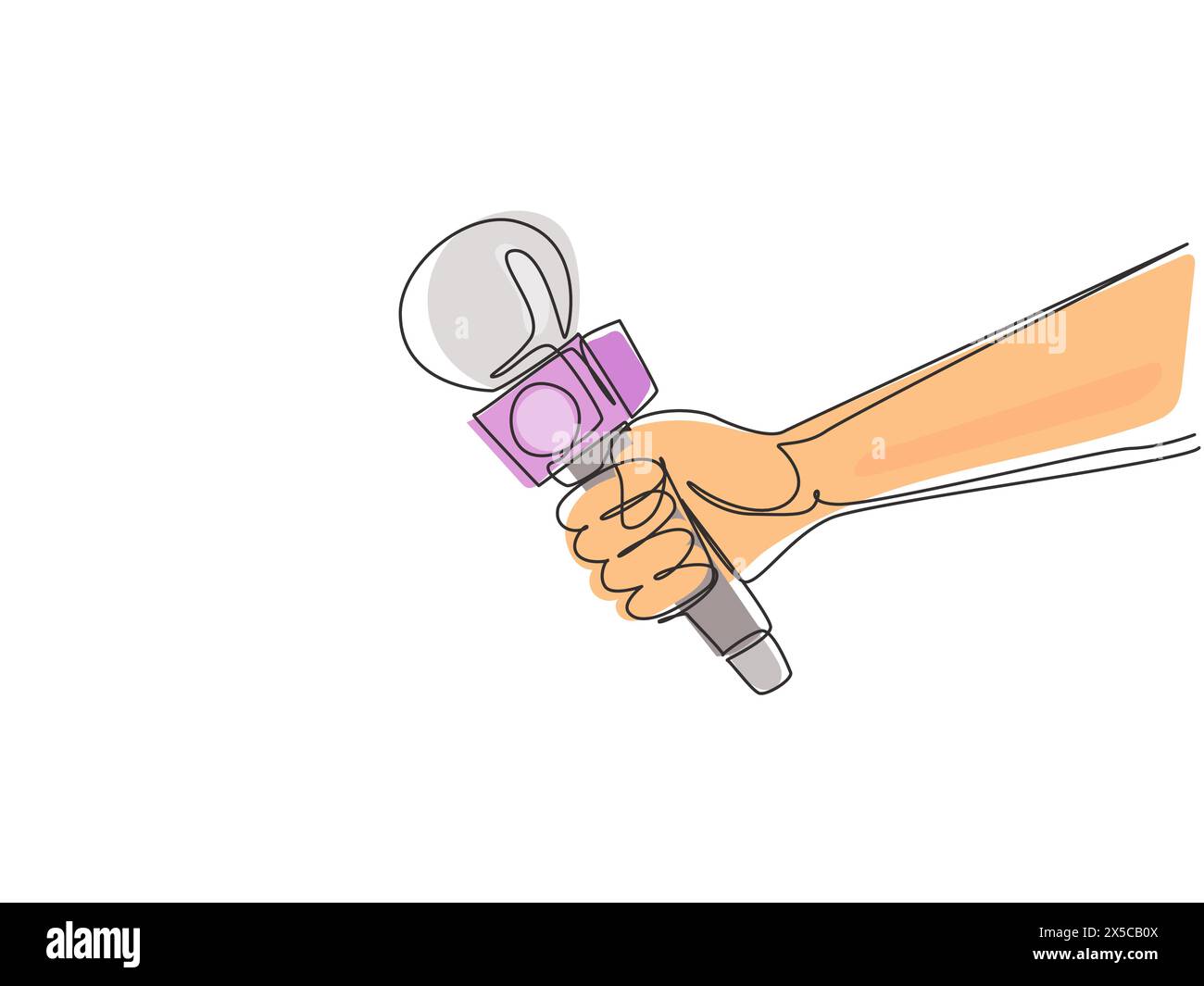 Dessin visuel continu d'une ligne sur l'actualité mondiale, le journalisme, un rapport de presse en direct ou une interview avec microphone de main et icônes médiatiques abstraites et Illustration de Vecteur