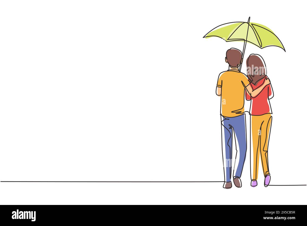 Continu d'une ligne dessinant les amoureux de vue arrière couple sous la pluie. Couple amoureux marchant sous la pluie avec parapluie. Homme et femme heureux marchent le long de ci Illustration de Vecteur