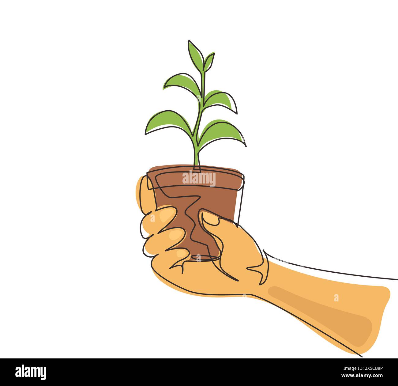 Agronome de dessin continu à une ligne tenant des semis dans des pots de tourbe. Mains féminines touchant les plantes pour planter des arbres. La plantation de printemps. Simple Illustration de Vecteur