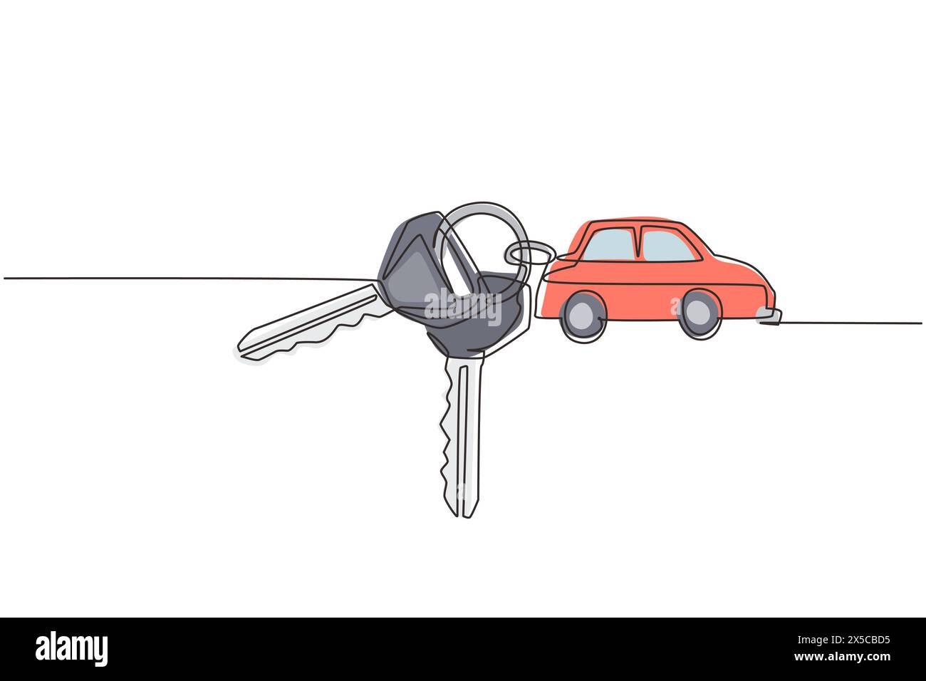 Clés de dessin à une ligne avec porte-clés en forme de voiture. Porte-clés avec porte-clés, deux clés et médaillon de voiture pendentif. Porte-clés avec voiture avec médaillon vecto Illustration de Vecteur