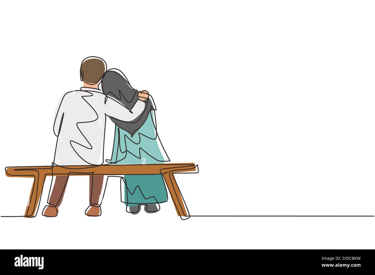 Continu d'une ligne dessin arrière romantique couple arabe bavardant et serrant tout en étant assis sur le banc. Couple se préparant pour le mariage. Engagement a Illustration de Vecteur