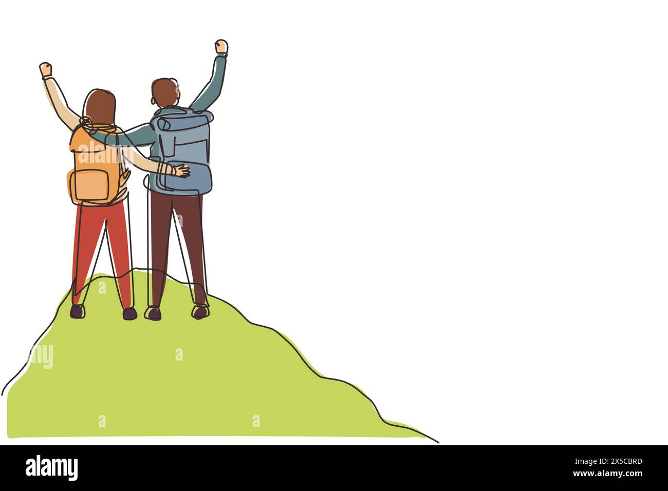 Continu une ligne dessinant couple romantique randonneurs avec les mains levées dans une vallée de montagne au lever du soleil. Voyage, tourisme, randonnée et concept d'aventure. Péché Illustration de Vecteur