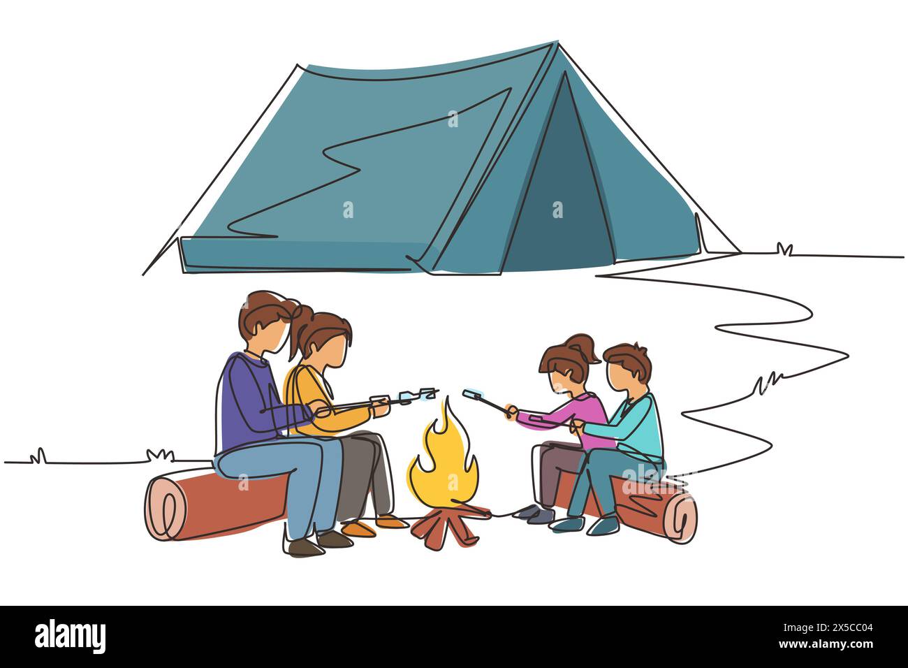 Simple une ligne dessinant famille heureuse assis près du feu de camp. Touristes joyeux, campeurs. Maman papa et les enfants rôtissent des guimauves. Voyage d'aventure nocturne en camping. C Illustration de Vecteur
