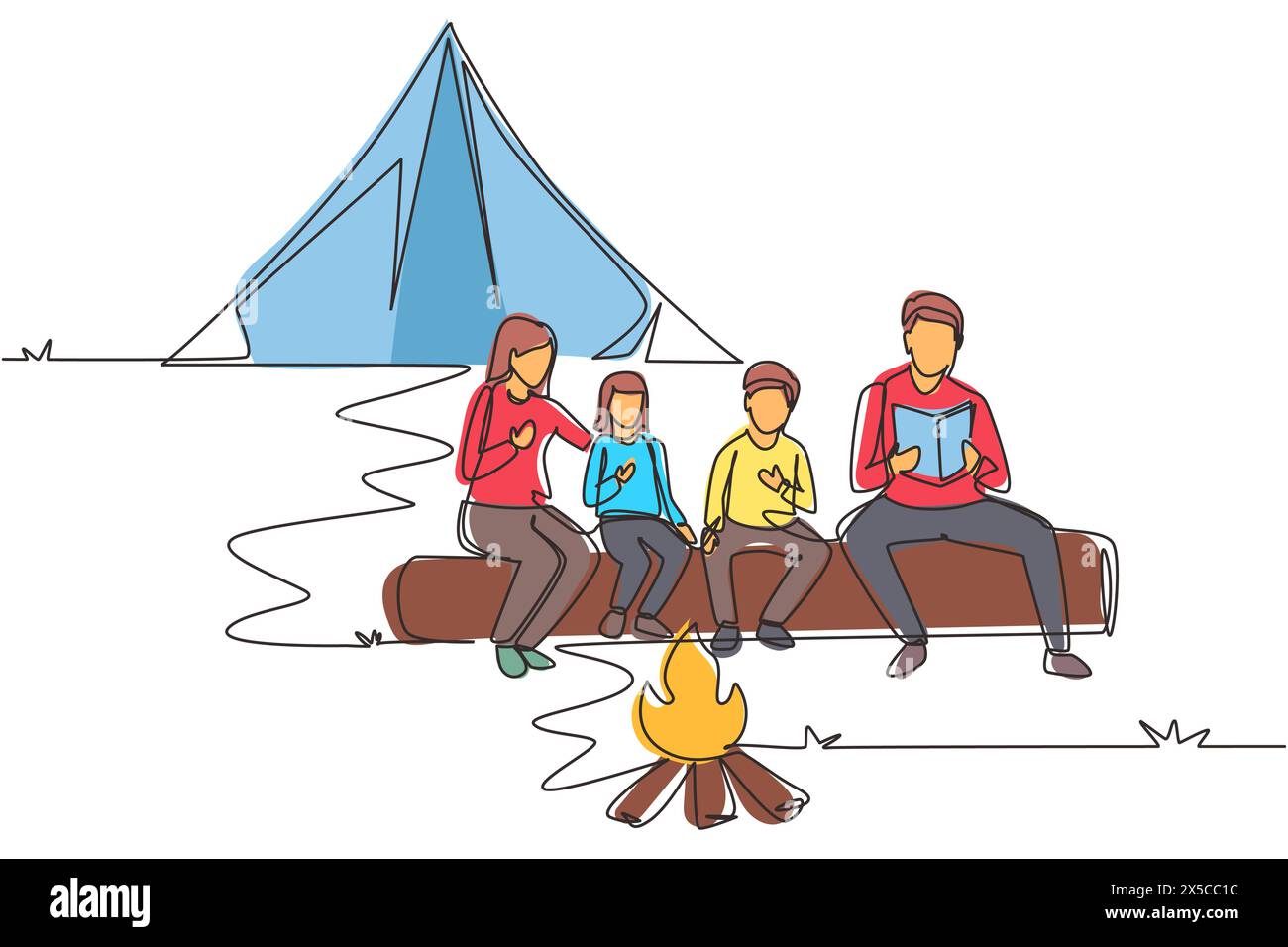 Une ligne continue dessinant une famille heureuse au camping d'été passant du temps ensemble. Papa lisant des livres près d'un feu de camp. Maman, fils, fille écoutez le stor Illustration de Vecteur