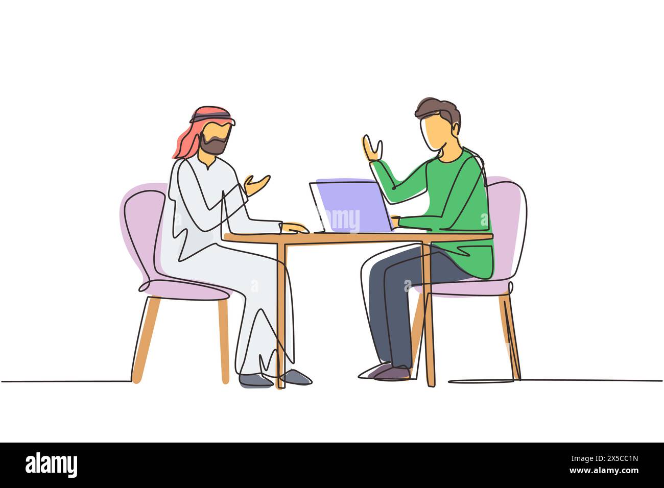 Continu d'une ligne dessinant un homme arabe interviewant une personne célèbre en studio pour l'émission de télévision. Concept de télévision ou de diffusion sur Internet avec journaliste ta Illustration de Vecteur