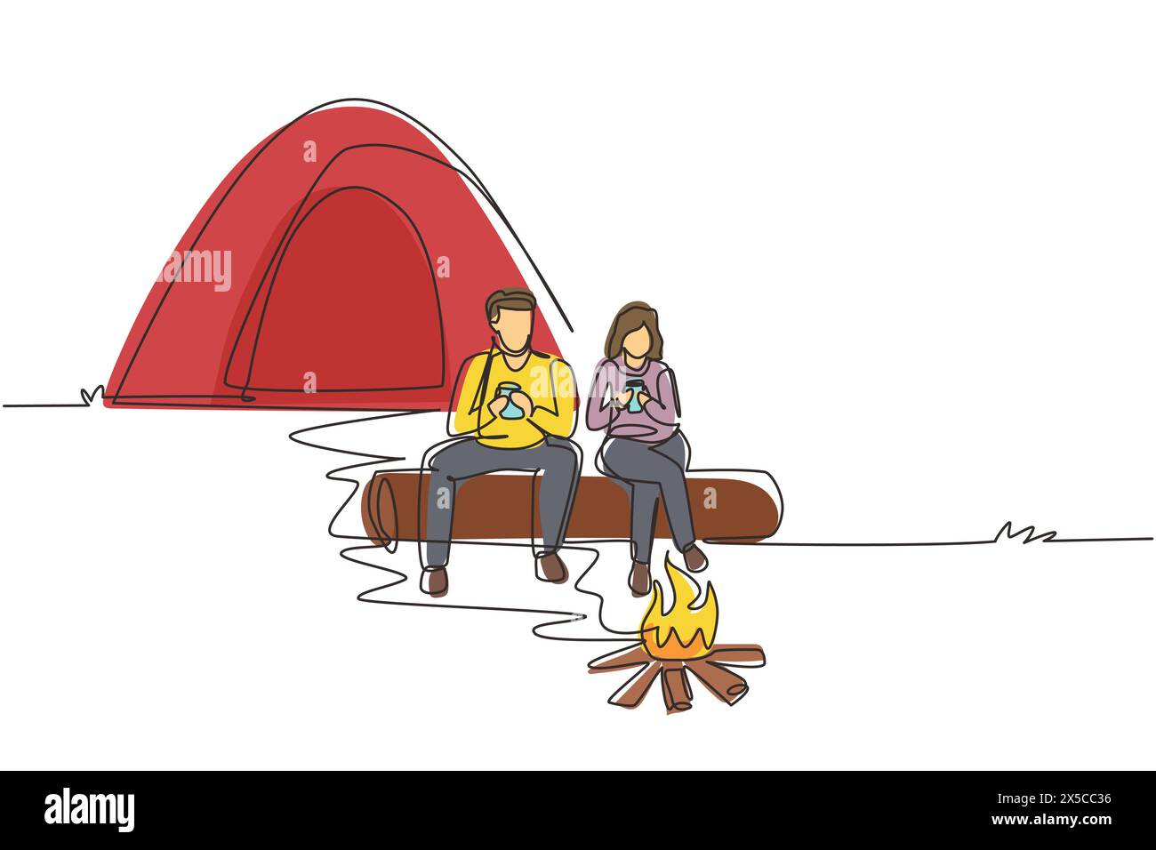 Simple ligne continue dessinant couple randonneurs assis sur une bûche de bois près d'un feu de camp dans la forêt. Homme femme buvant du thé chaud, du café, du matériel de camping et dos Illustration de Vecteur