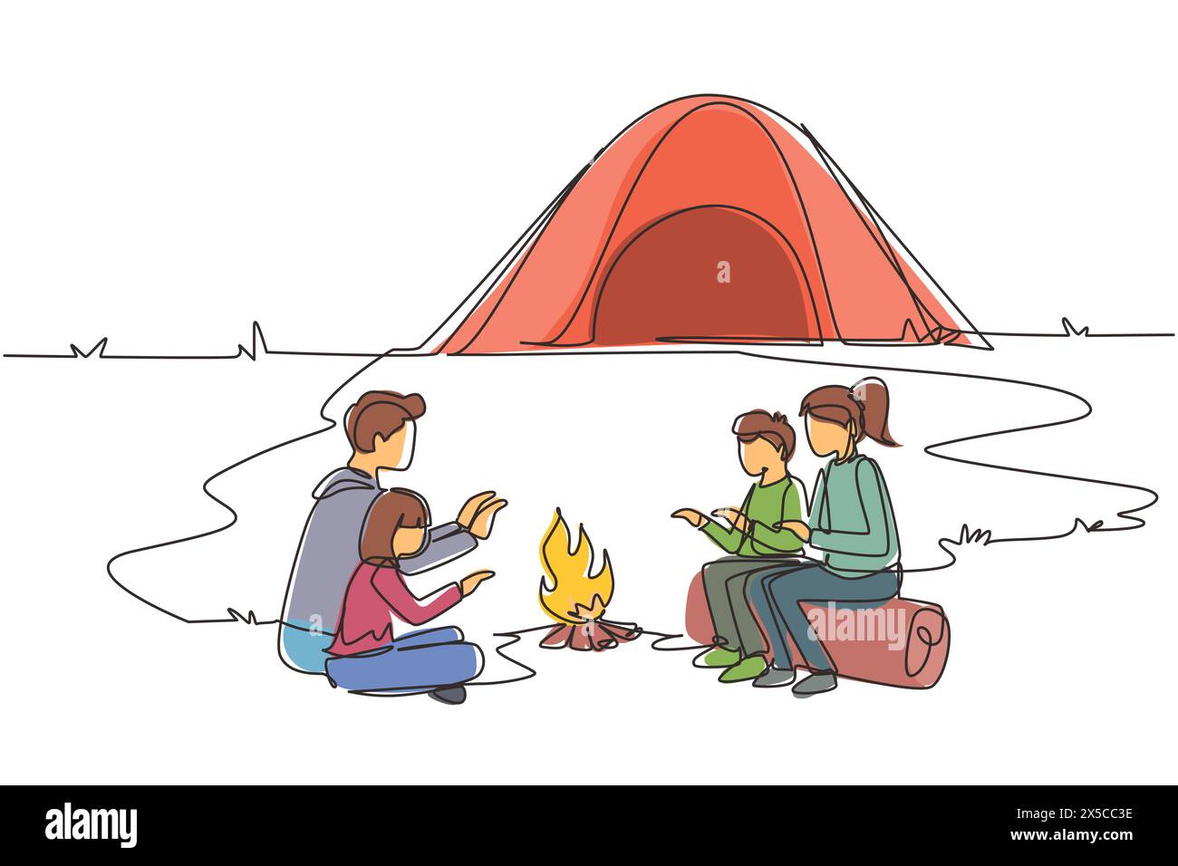 Une seule ligne dessinant une famille heureuse de camping ou de randonnée réchauffe leurs corps autour de tentes de feu de camp. Papa et fils assis sur le sol, maman et fille sur le rondin Illustration de Vecteur