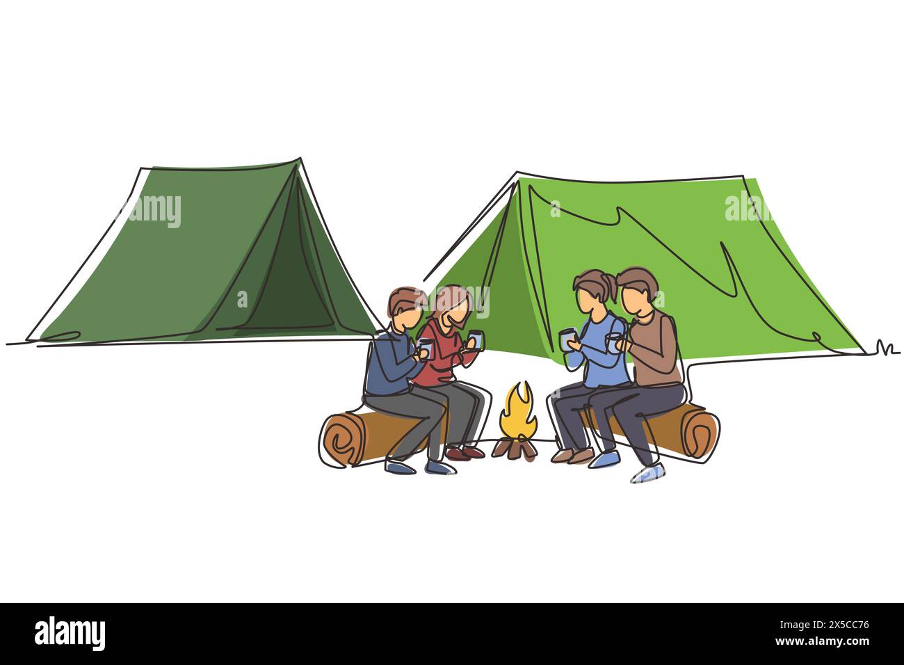 Une seule ligne continue dessinant heureux deux paires homme et femme se réchauffant près d'un feu de camp. Groupe de personnes campant buvant du thé assis sur des bûches dans la forêt Illustration de Vecteur