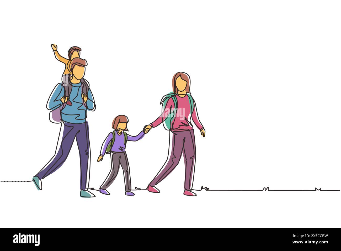 Continu une ligne dessinant la famille de randonnée avec deux enfants. Groupe de personnes avec des sacs à dos sur le paysage de montagne. Maman, papa, fils et fille. Famille Illustration de Vecteur