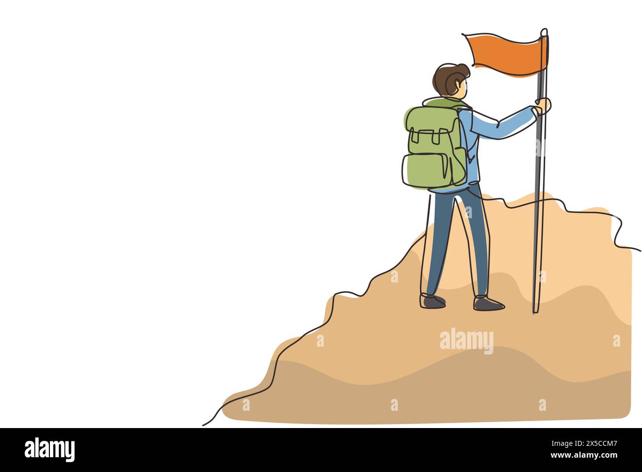 Ligne continue unique dessinant homme joyeux grimpeur debout sur le sommet de la montagne avec drapeau. Jeune alpiniste souriant grimpant sur un rocher. Dynamique o Illustration de Vecteur