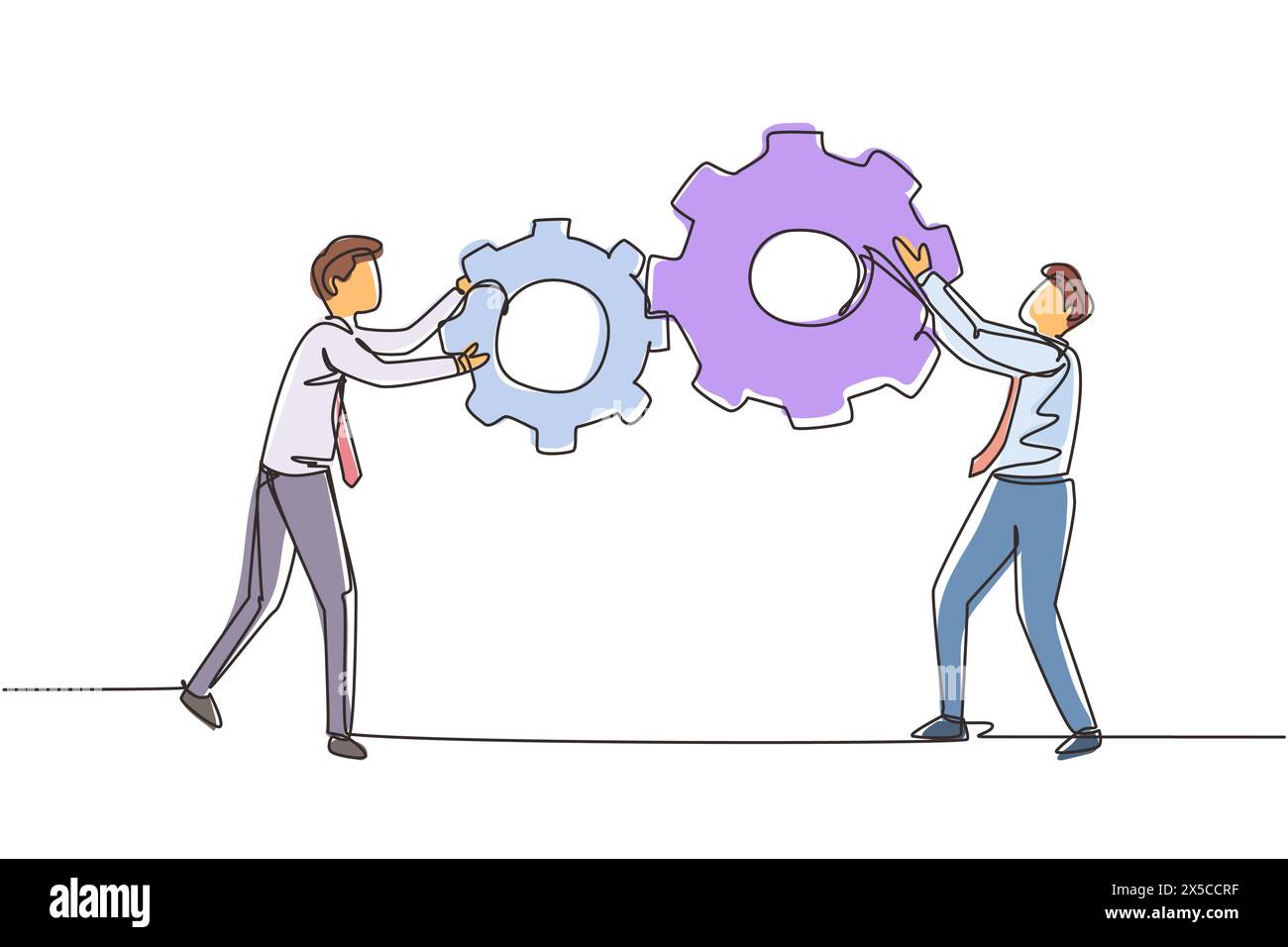 Coopération continue de travail d'équipe de dessin d'une ligne dans un mécanisme d'engrenages. Deux hommes d'affaires engagés dans la direction des affaires à réussir. Énorme machin à roue dentée Illustration de Vecteur