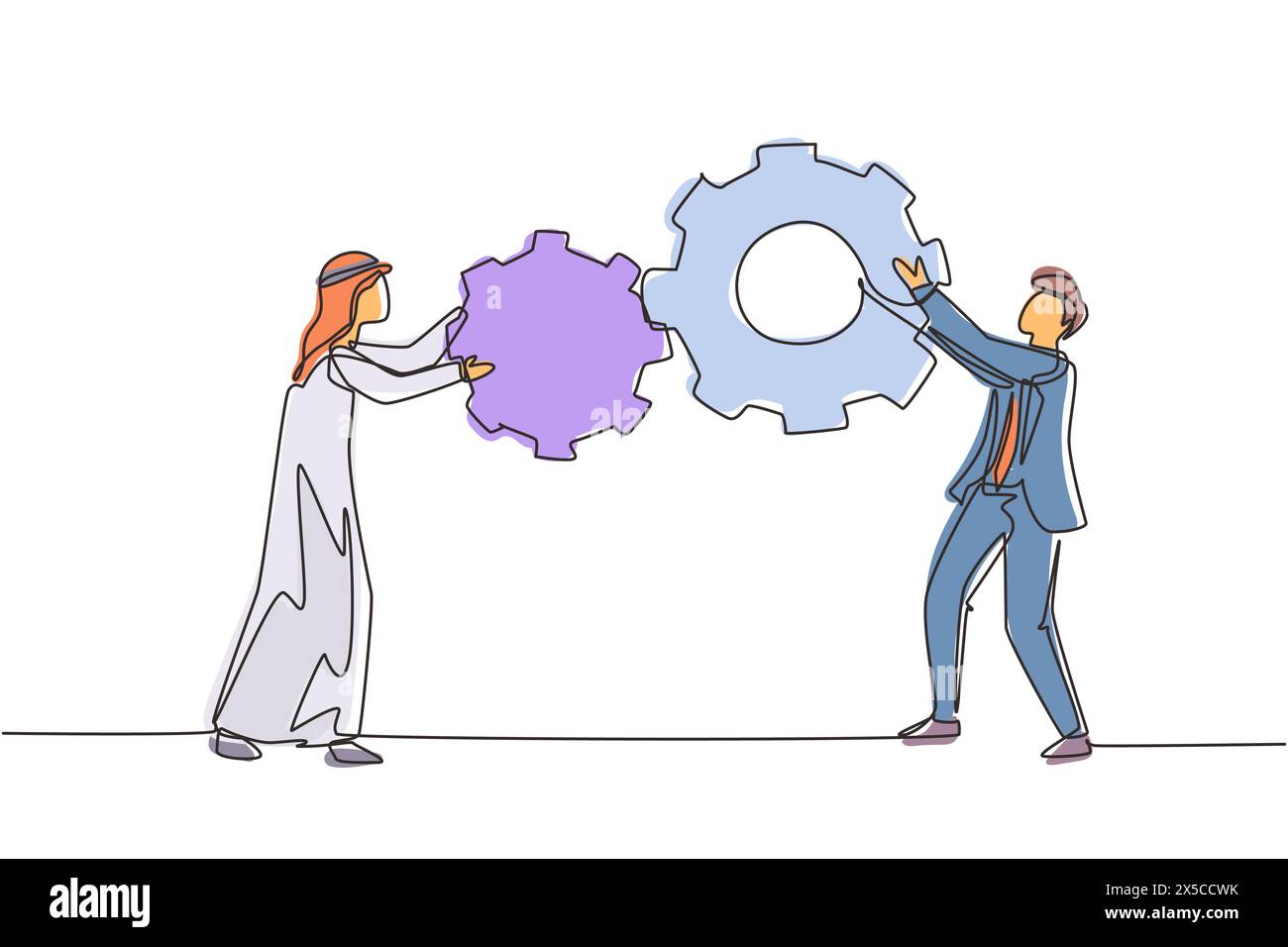 Coopération continue de travail d'équipe à dessin d'une ligne dans un mécanisme d'engrenage. Deux hommes d'affaires arabes engagés dans la direction des affaires à réussir. Énorme roue dentée ma Illustration de Vecteur