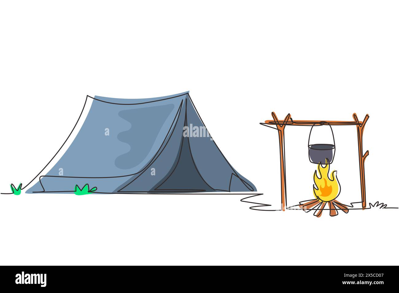 Site de camping dessinant une ligne continue unique avec feu de joie de tente et équipement de pot. Tente, feu de camp, forêt de pins et montagnes rocheuses. Aventures dans la nature Illustration de Vecteur