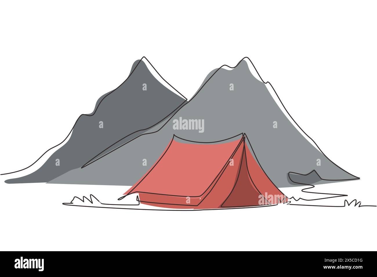 Une seule ligne dessin aventure camping paysage de nuit. Tente, camping, forêt de pins et montagnes rocheuses. Sports, randonnée, camping, loisirs de plein air Illustration de Vecteur