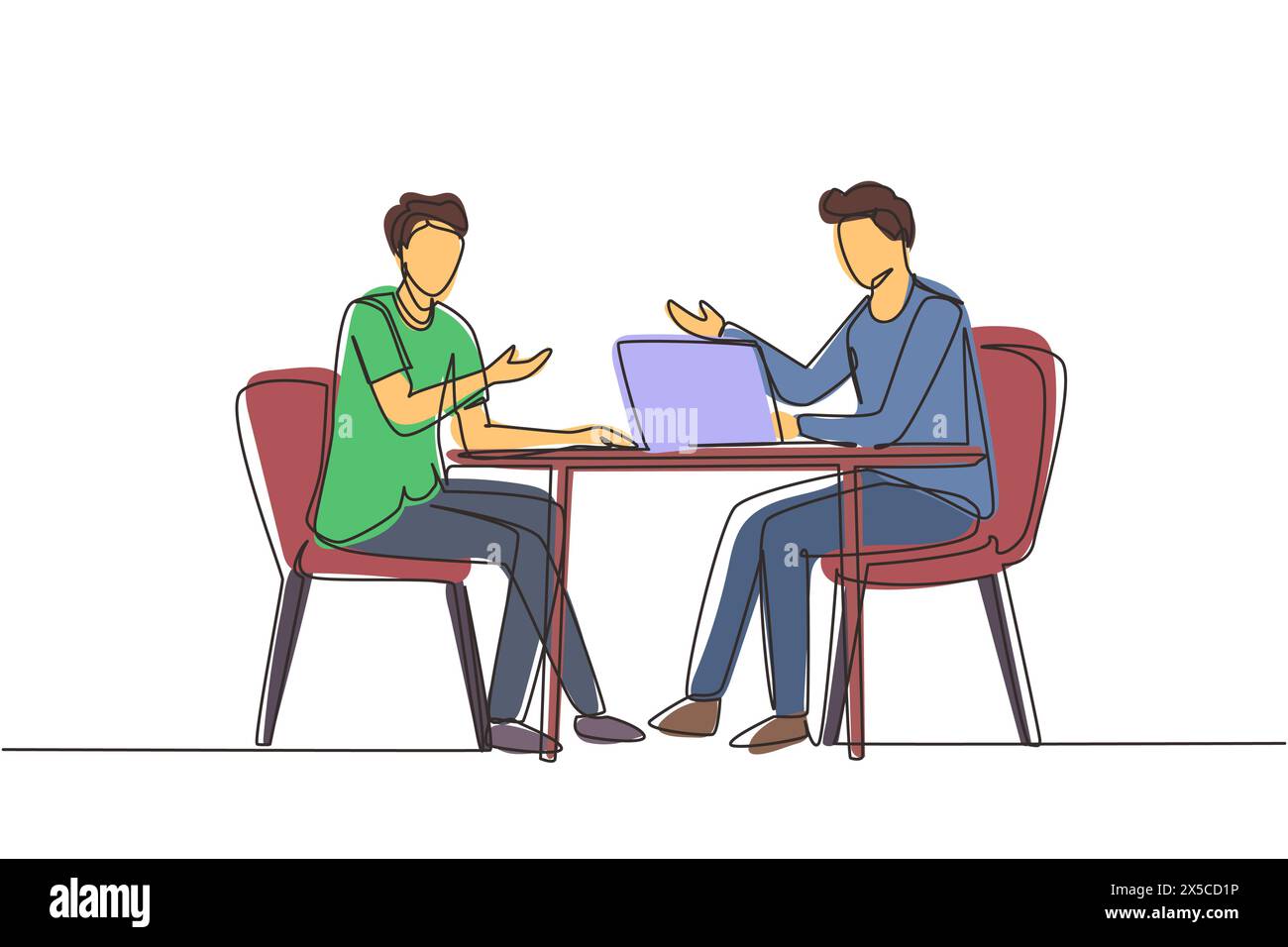 Simple ligne continue dessinant masculin interviewe une personne célèbre en studio pour l'émission de télévision. Concept de diffusion télévisée ou internet avec discours de journaliste Illustration de Vecteur