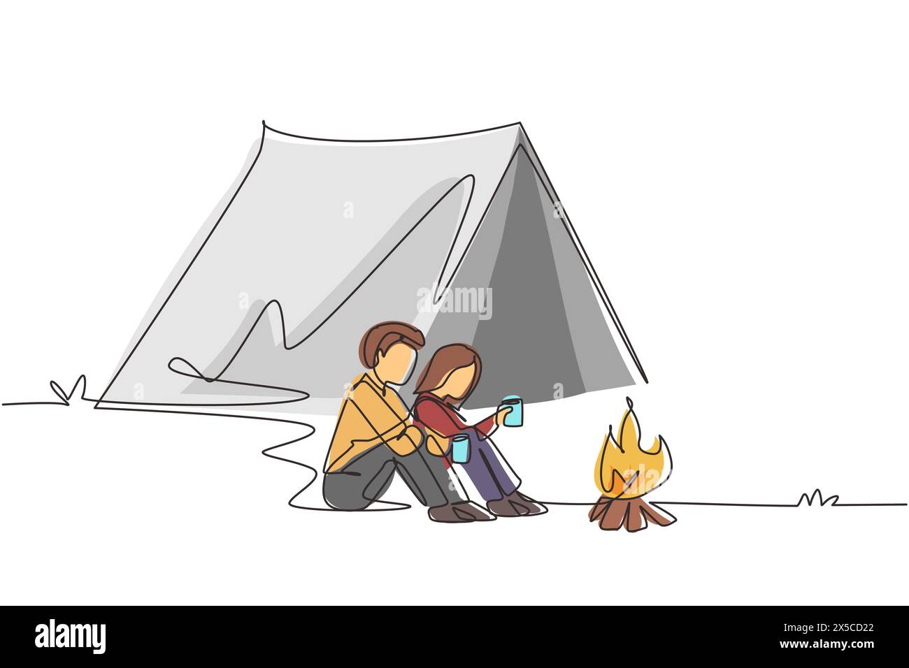 Couple de dessin de ligne continue simple assis sur le sol près du feu de joie, date romantique active hors de la ville, camping. Homme femme boire du thé chaud se réchauffant Illustration de Vecteur