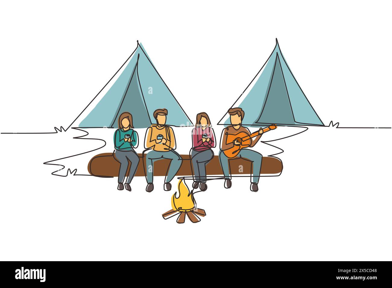 Simple une ligne dessinant deux couples de randonneurs assis sur une bûche de bois près d'un feu de camp dans la forêt. Les gens buvant du thé chaud et l'homme jouant de la guitare. Matériel de camping Illustration de Vecteur