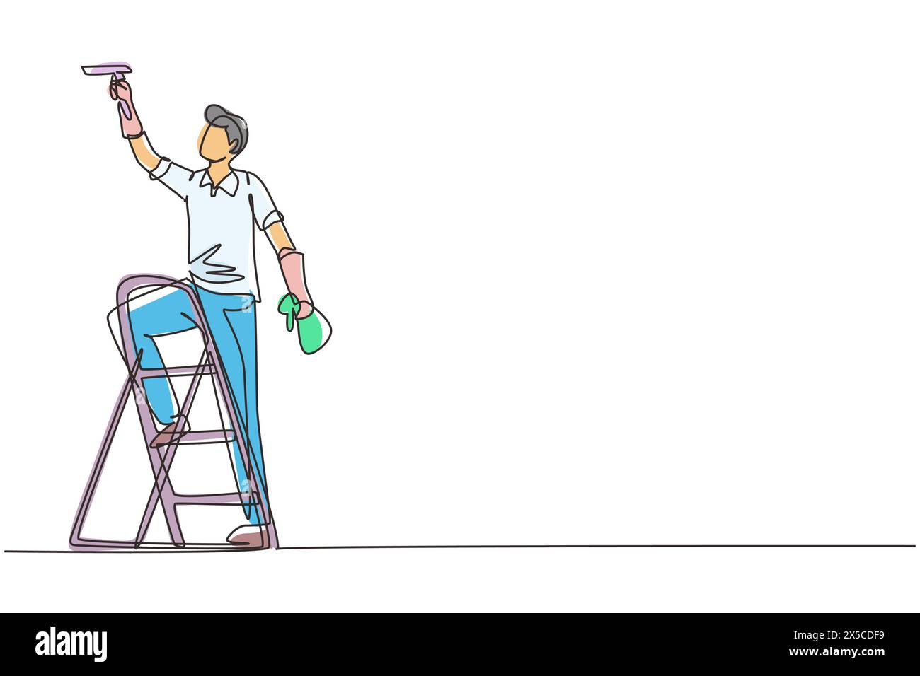 Nettoyant à dessin continu d'une ligne debout sur l'échelle, lavant avec une éponge. Service de nettoyage, outils de nettoyage, éponge de lavage, nettoyage de maison et hous Illustration de Vecteur