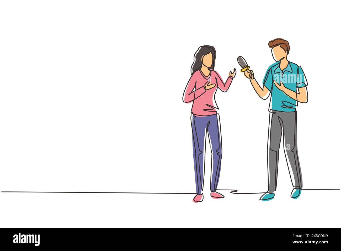 Une seule ligne dessinant les questions des journalistes de télévision masculins interrogeant. Homme tenant une interview avec une femme, journaliste professionnel en conversation. Continue Illustration de Vecteur