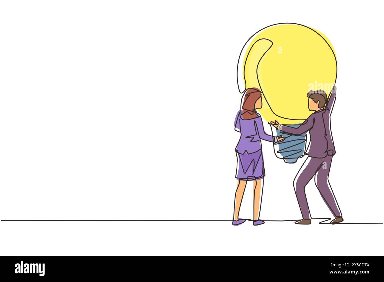 Simple dessin d'une ligne deux personnes tiennent une grande ampoule d'idée. Créativité, brainstorming, travail d'équipe. Homme femme tenant l'ampoule vers le haut, symbole de trouver solutio Illustration de Vecteur