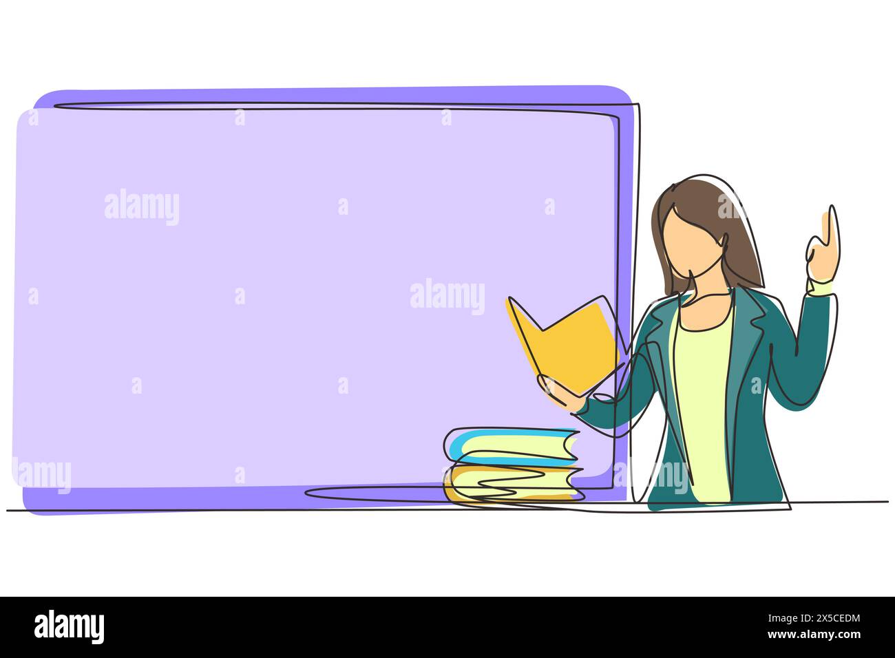 Continu d'une ligne dessinant jeune enseignante debout devant la classe avec un livre sur ses mains, pile de livres sur la table. Enseignante enseignante en cla Illustration de Vecteur
