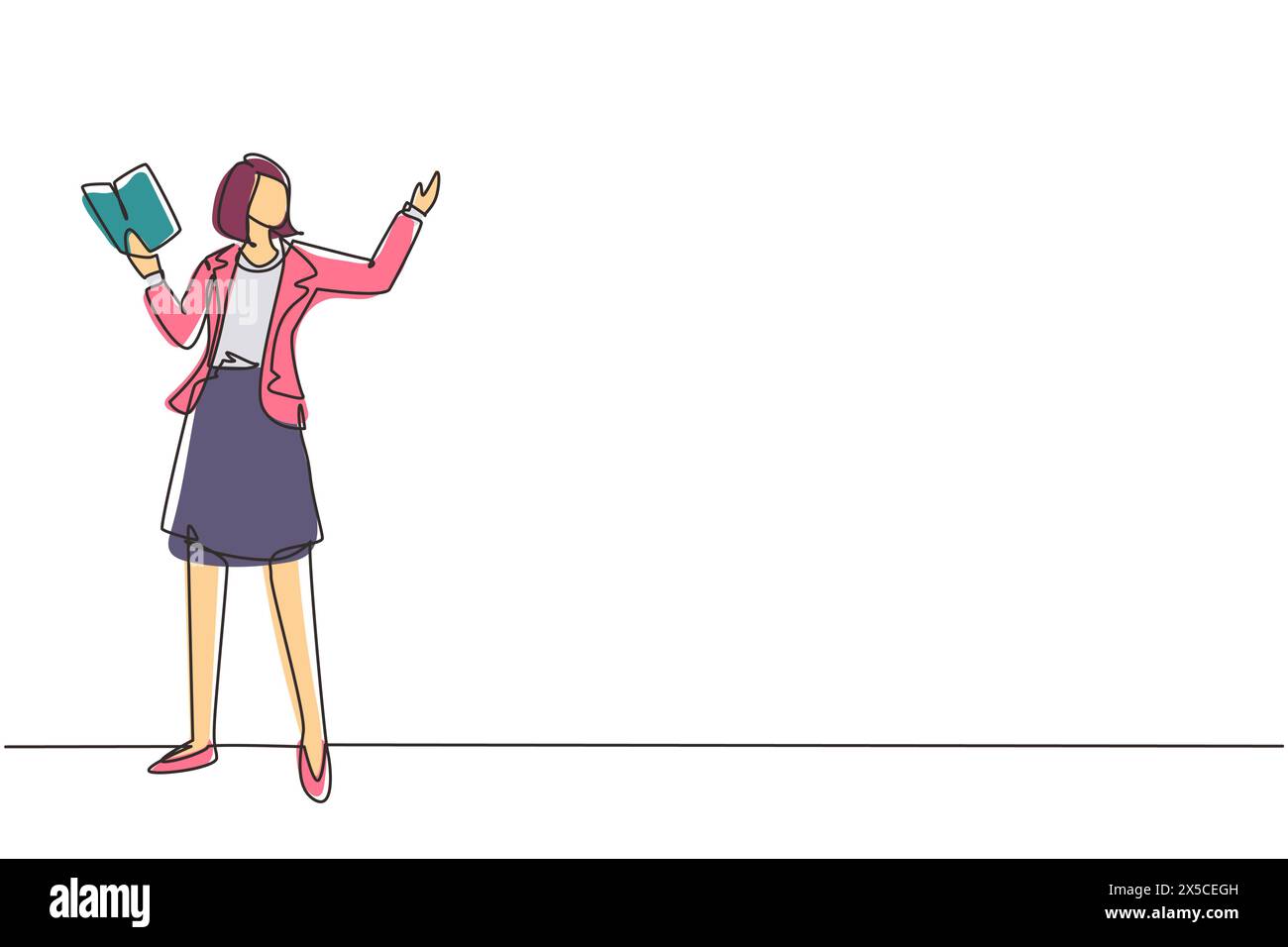 Professeur de femme dessinant une ligne continue unique enseignant la leçon dans la salle de classe avant avec livre ouvert. Classe collégiale de professeur d'université enseignent. Teac femelle Illustration de Vecteur