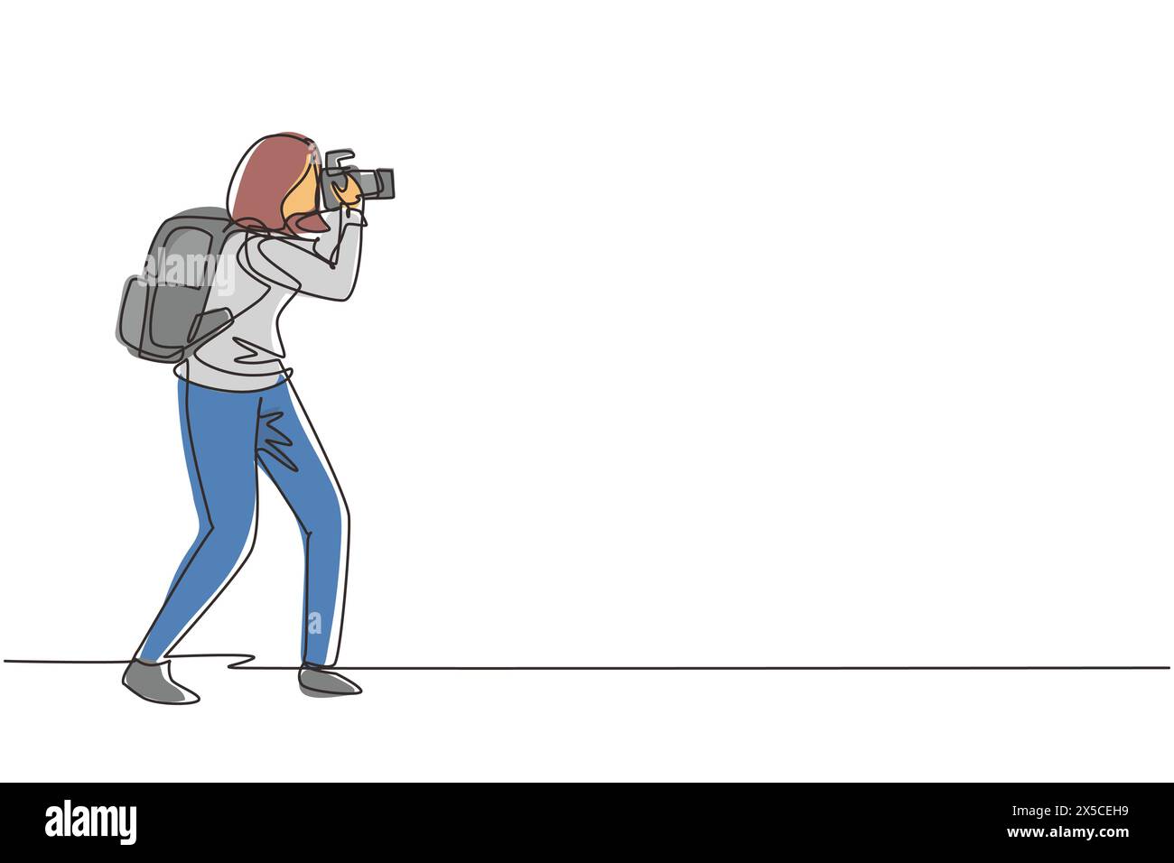 Simple une ligne dessinant femme photographe ou paparazzi prenant des photos avec des appareils photo numériques modernes avec des angles. Journalistes ou reporters avec sac à dos m Illustration de Vecteur
