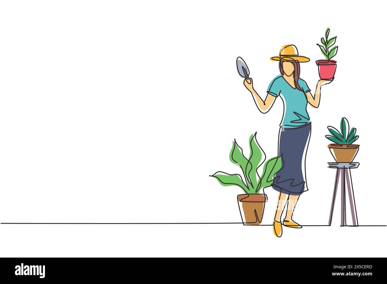 Simple une ligne dessinant femme jardinier, fleuriste travaillant dans le jardin botanique, arrière-cour de la maison, plantation de fleurs, tenant une petite pelle. Rack, plante en pot Illustration de Vecteur