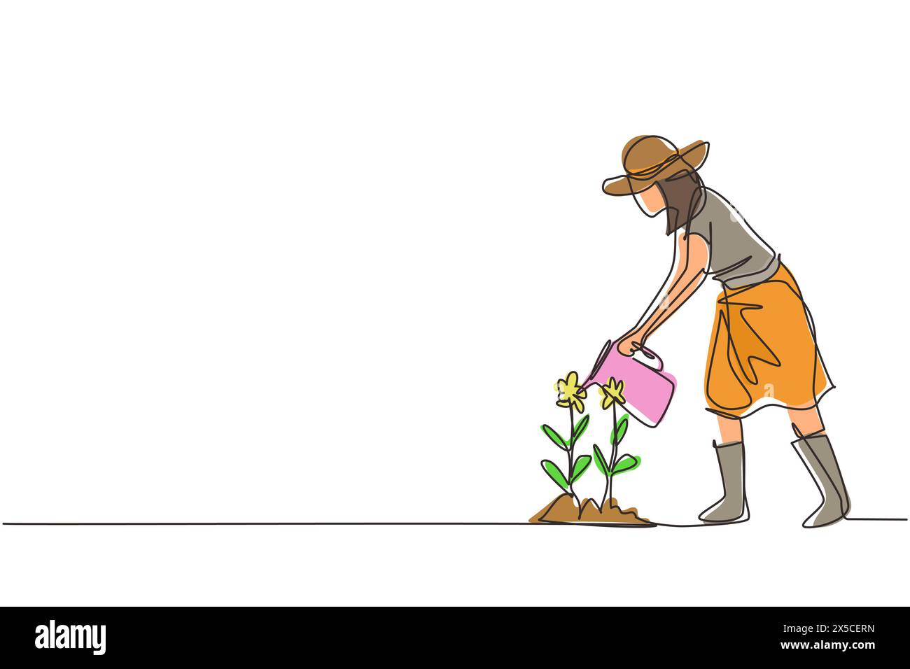 Usine d'arrosage volontaire de fille à ligne continue unique avec arrosoir, bénévolat, charité, soutien aux personnes. Jardin botanique, plantation f Illustration de Vecteur