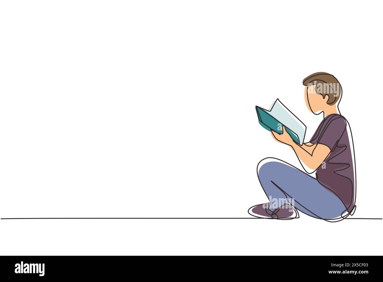 Ligne continue unique dessinant adolescent dans des vêtements décontractés assis au sol et livre de lecture. Lecteur enthousiaste pour le concept éducatif et de passe-temps Illustration de Vecteur