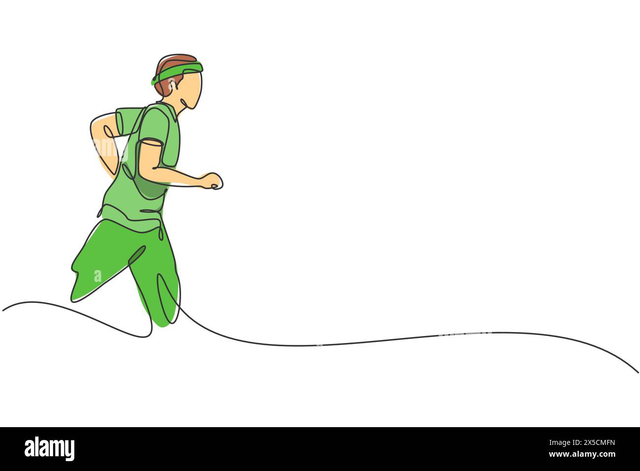 Un dessin en ligne continue d'un jeune coureur sportif se détendent courir à la campagne. Mode de vie sain et concept sportif de jogging amusant. Dynamique unique l Illustration de Vecteur