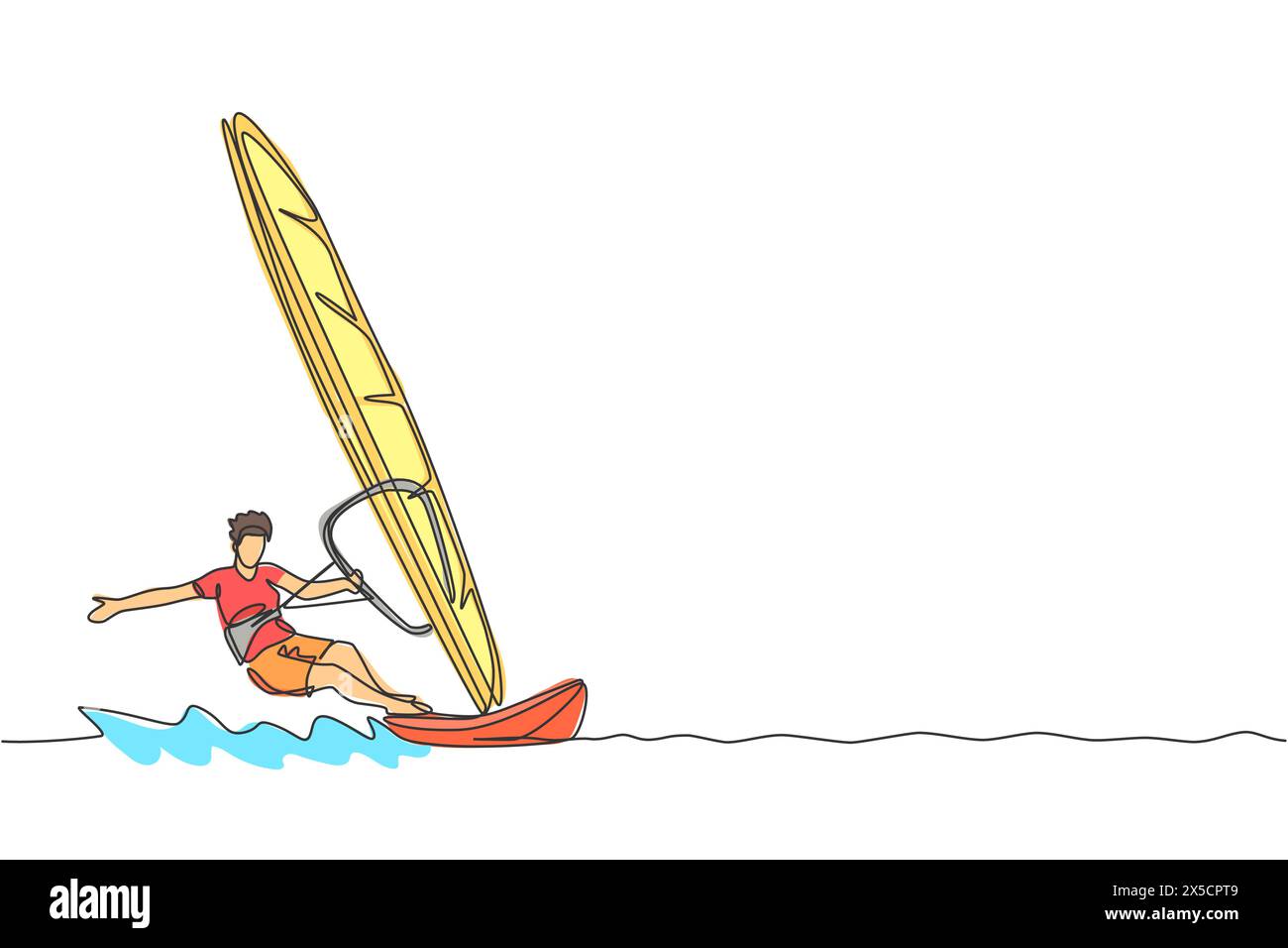 Dessin en ligne continue unique d'un jeune homme sportif surfeur jouant à la planche à voile dans la mer. Concept de sport marin extrêmement dangereux. Vacances d'été Illustration de Vecteur