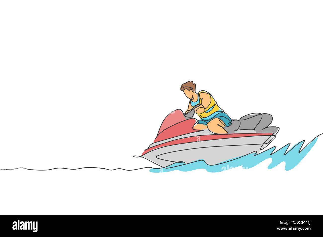Une seule ligne dessinant jeune homme sportif jouer jet ski dans l'illustration vectorielle graphique de la plage de la mer. Mode de vie sain et concept de sport extrême. Su Illustration de Vecteur