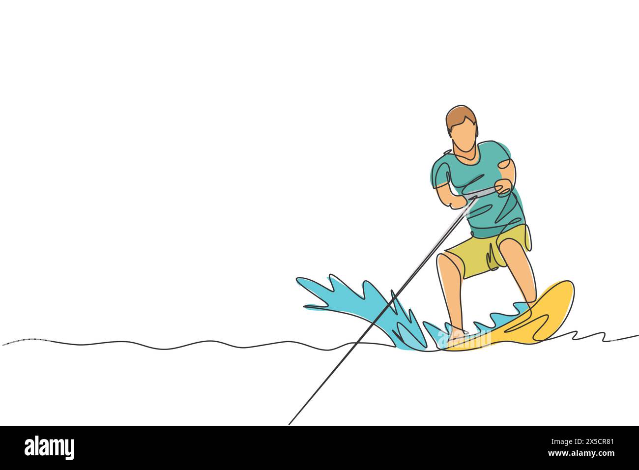 Un dessin en ligne continue de jeune homme énergique amusant jouer au wakeboard dans l'océan de mer. Concept de sport de style de vie sain. Joyeuses vacances touristiques. Dy Illustration de Vecteur