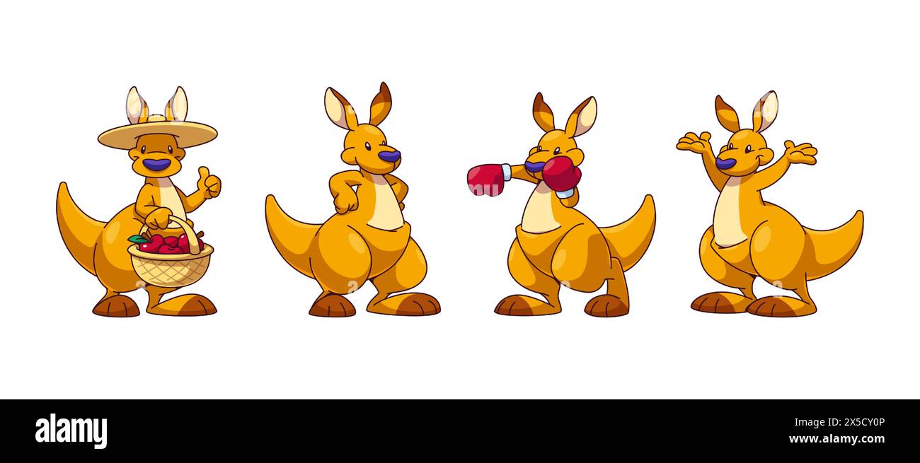 Mascotte drôle de personnage de kangourou heureux. Bande dessinée wallaby dans différentes poses et faire face aux émotions. Animal australien debout dans un chapeau avec des pommes dans un panier, boxant dans des gants rouges, avec les mains sur les côtés et vers le haut. Illustration de Vecteur