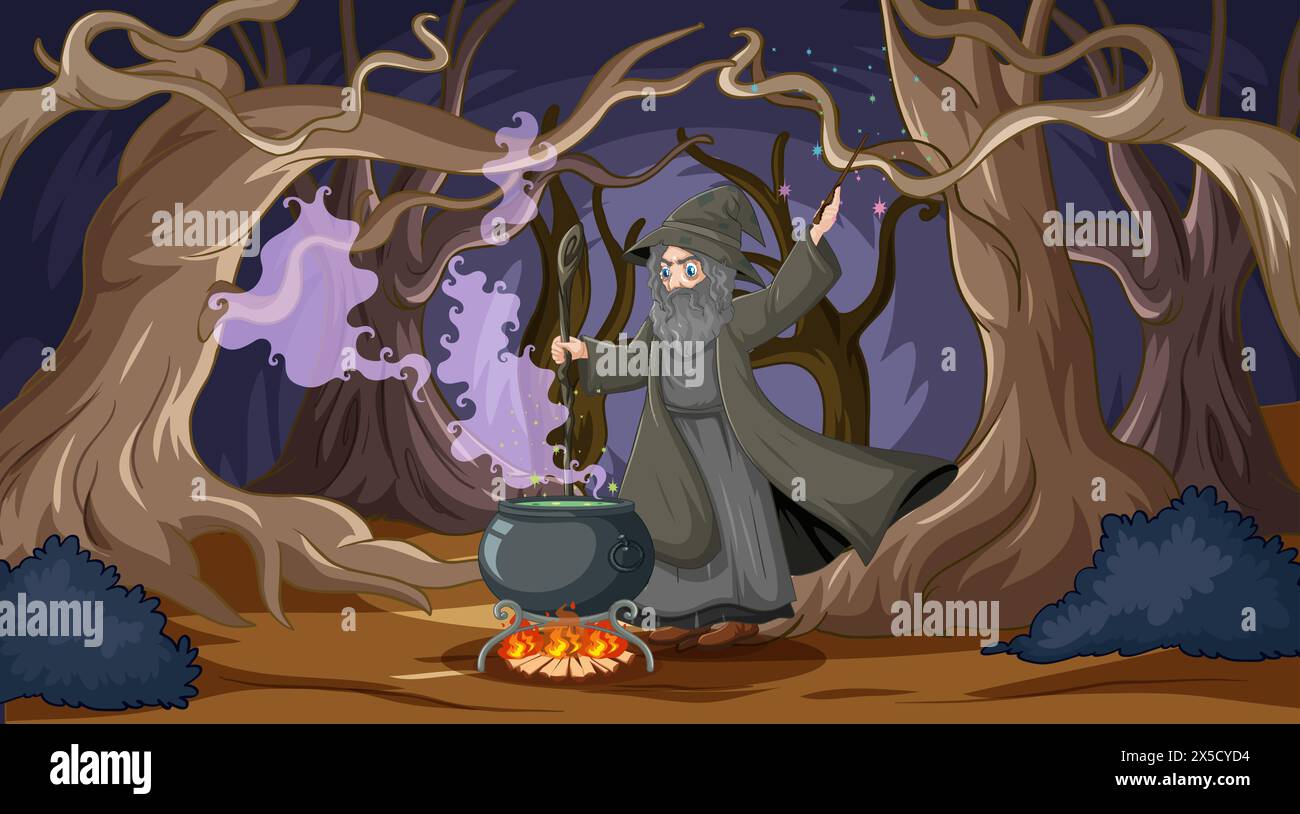Sorcière avec chaudron dans une forêt enchantée effrayante Illustration de Vecteur
