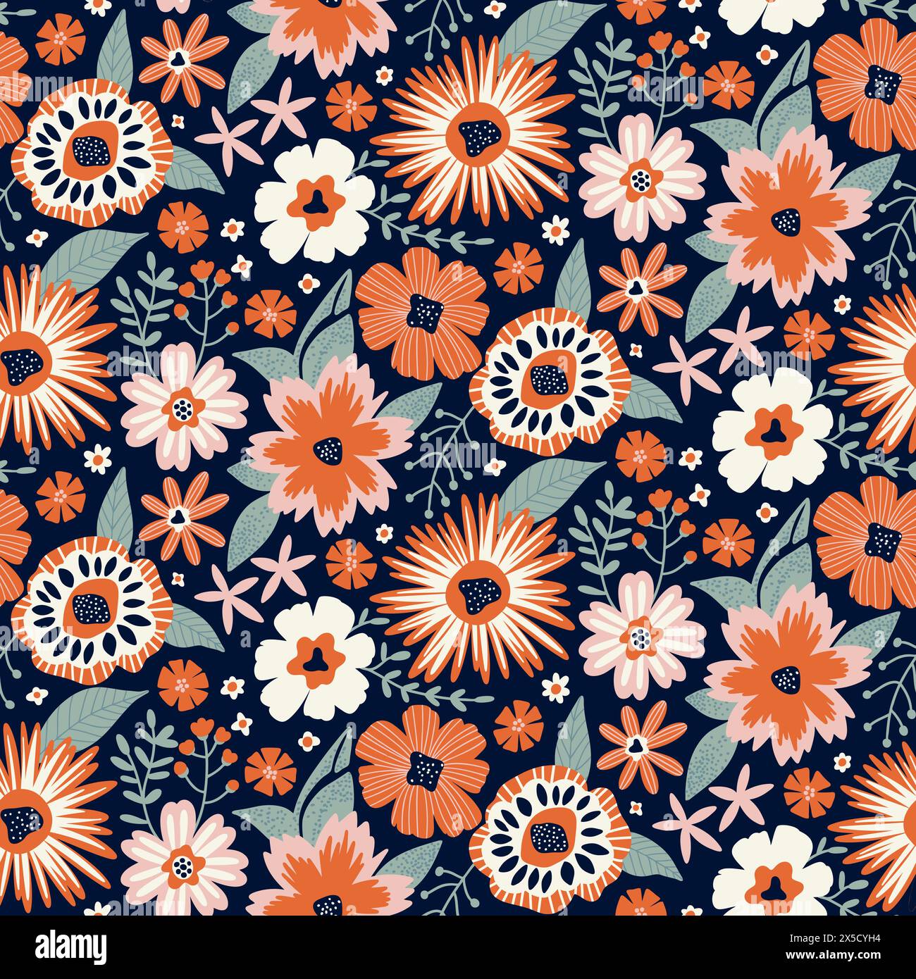 Motif floral sans couture dans le style plat contemporain six couleurs orange, vert, blanc, rose, bleu marine. Répéter la texture d'impression du papier peint. Parfaitement pour papier d'emballage, textile, tissu, ornement de décor. Illustration de Vecteur