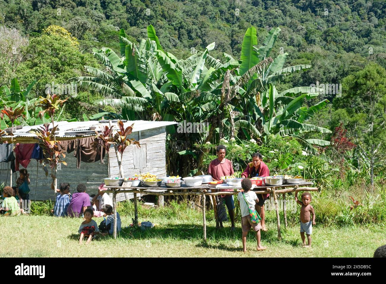 Femmes locales à un stand vendant des rafraîchissements sur la piste de Kokoda, Papouasie-Nouvelle-Guinée Banque D'Images