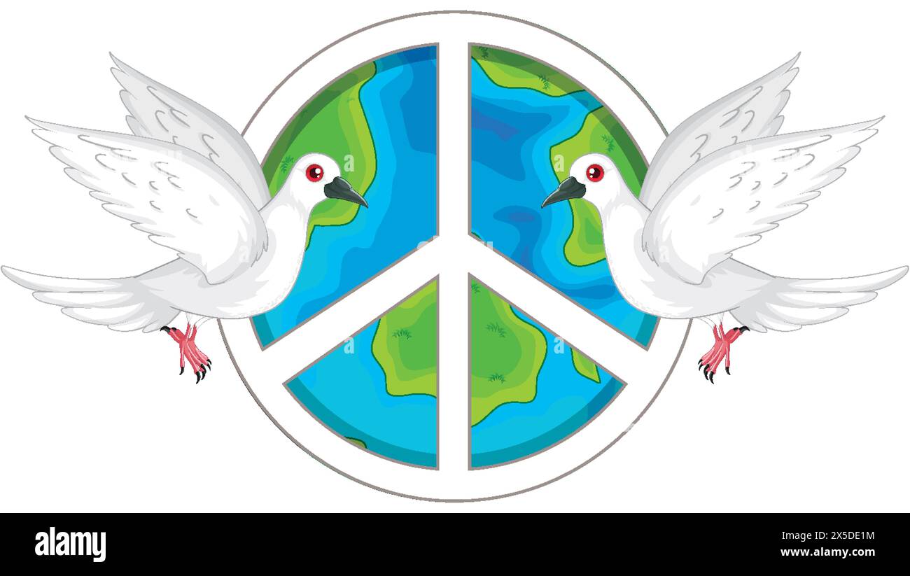 Deux colombes blanches volant autour d'un symbole de paix Illustration de Vecteur