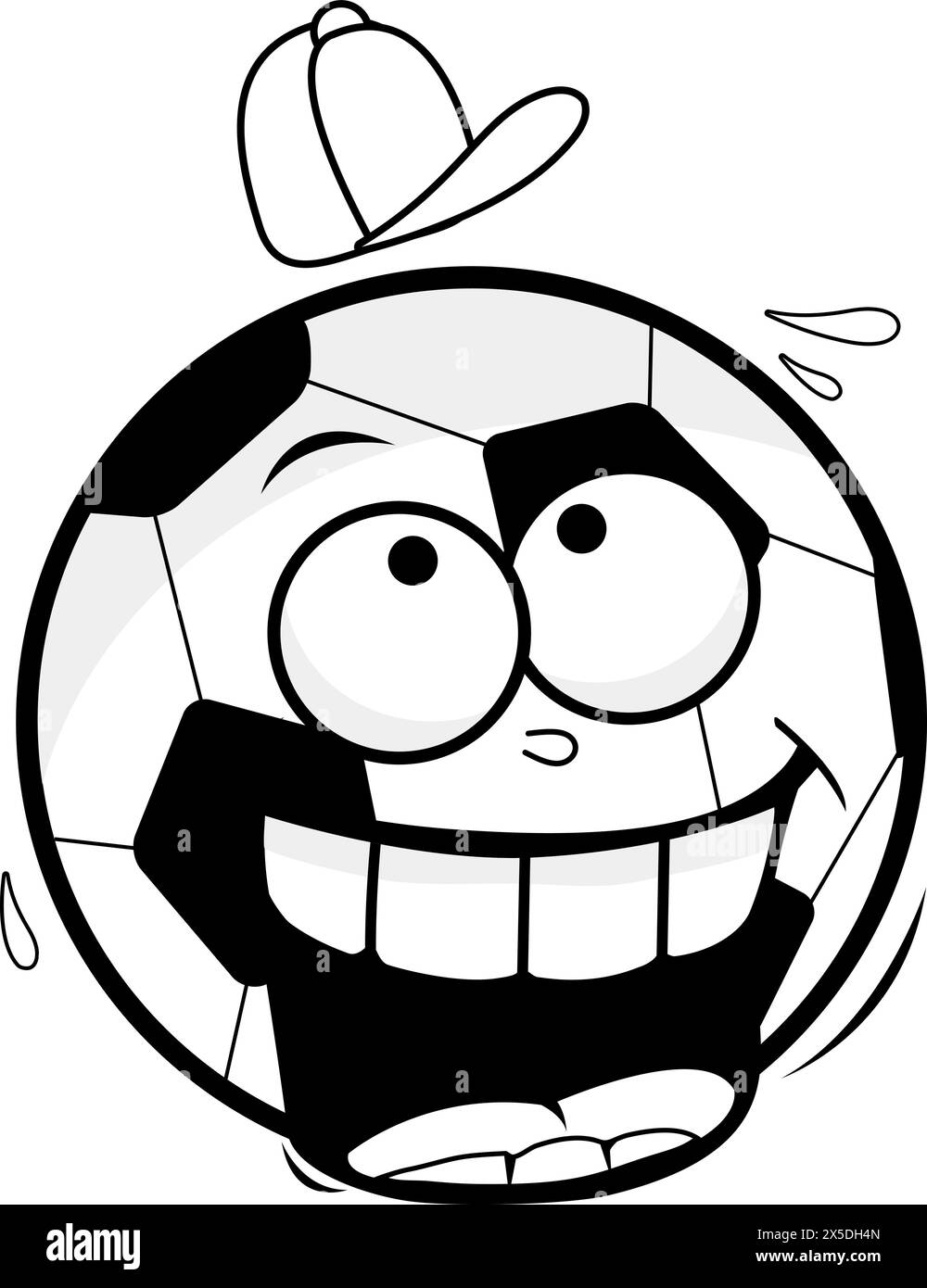Personnage de ballon de football de dessin animé. Dessin animé sportif de football amusant avec chapeau. Page de coloriage noir et blanc vectoriel. Illustration de Vecteur