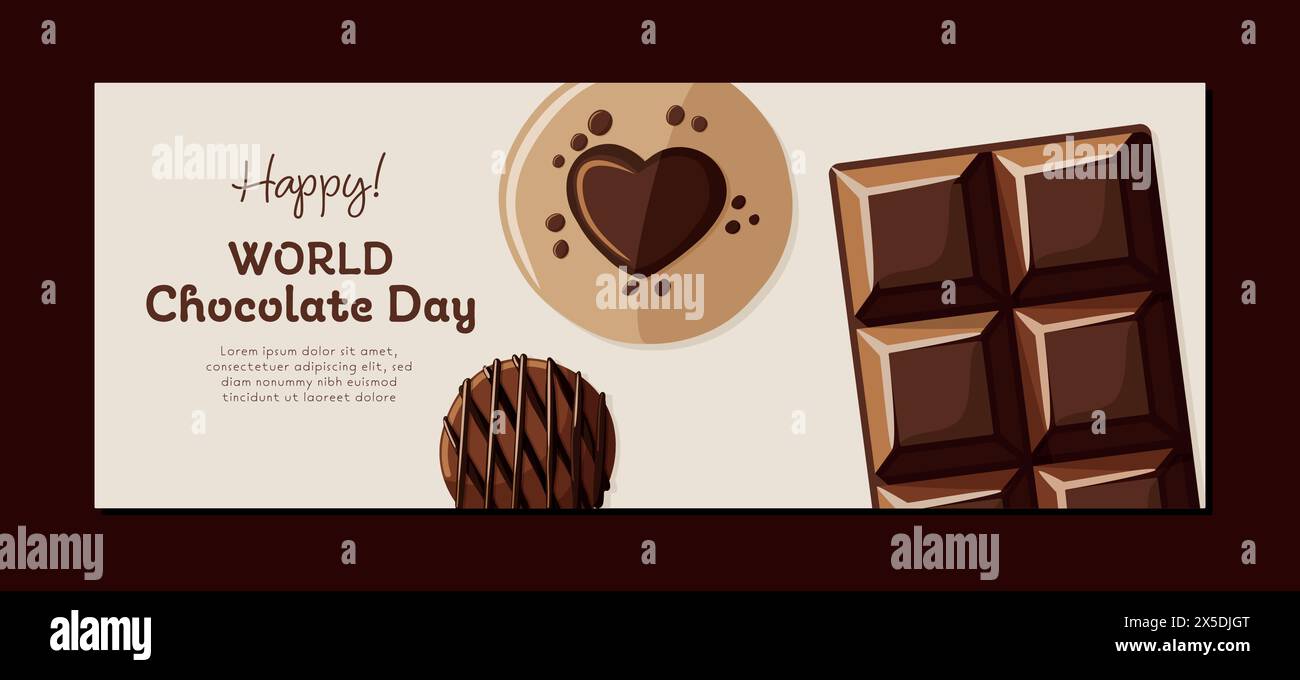 Modèle de bannière de journée mondiale du chocolat avec barre de chocolat, cookie et bonbons. Dessert sucré. Illustration vectorielle isolée Illustration de Vecteur