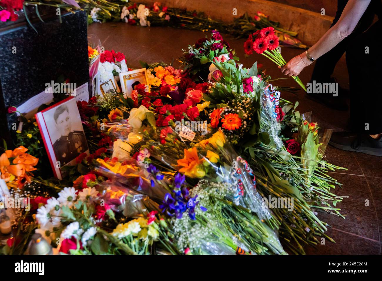 Berlin, Allemagne. 09 mai 2024. Une personne dépose des fleurs au mémorial soviétique de Treptower Park. Les 8 et 9 mai marquent le 79e anniversaire de la libération du national-socialisme. Crédit : Christoph Soeder/dpa/Alamy Live News Banque D'Images