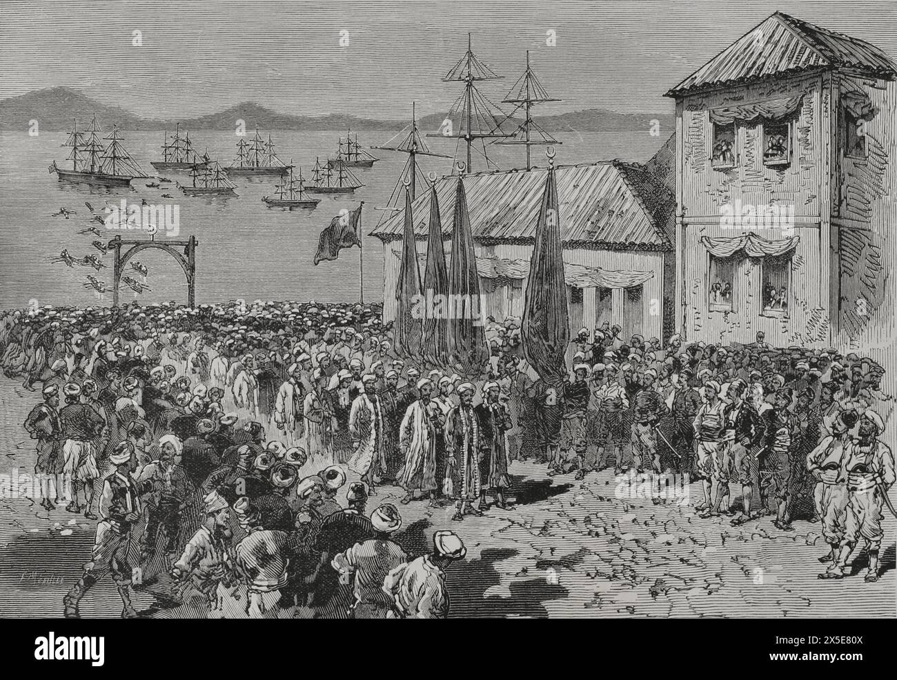 La question orientale. Débarquement de Softas à Thessalonique (pendant la domination ottomane de la ville). Les Softas étaient des étudiants religieux de l'Islam. Gravure de Méaulle. ''la Guerra de Oriente' (la guerre russo-turque). Volume I. 1877. Banque D'Images