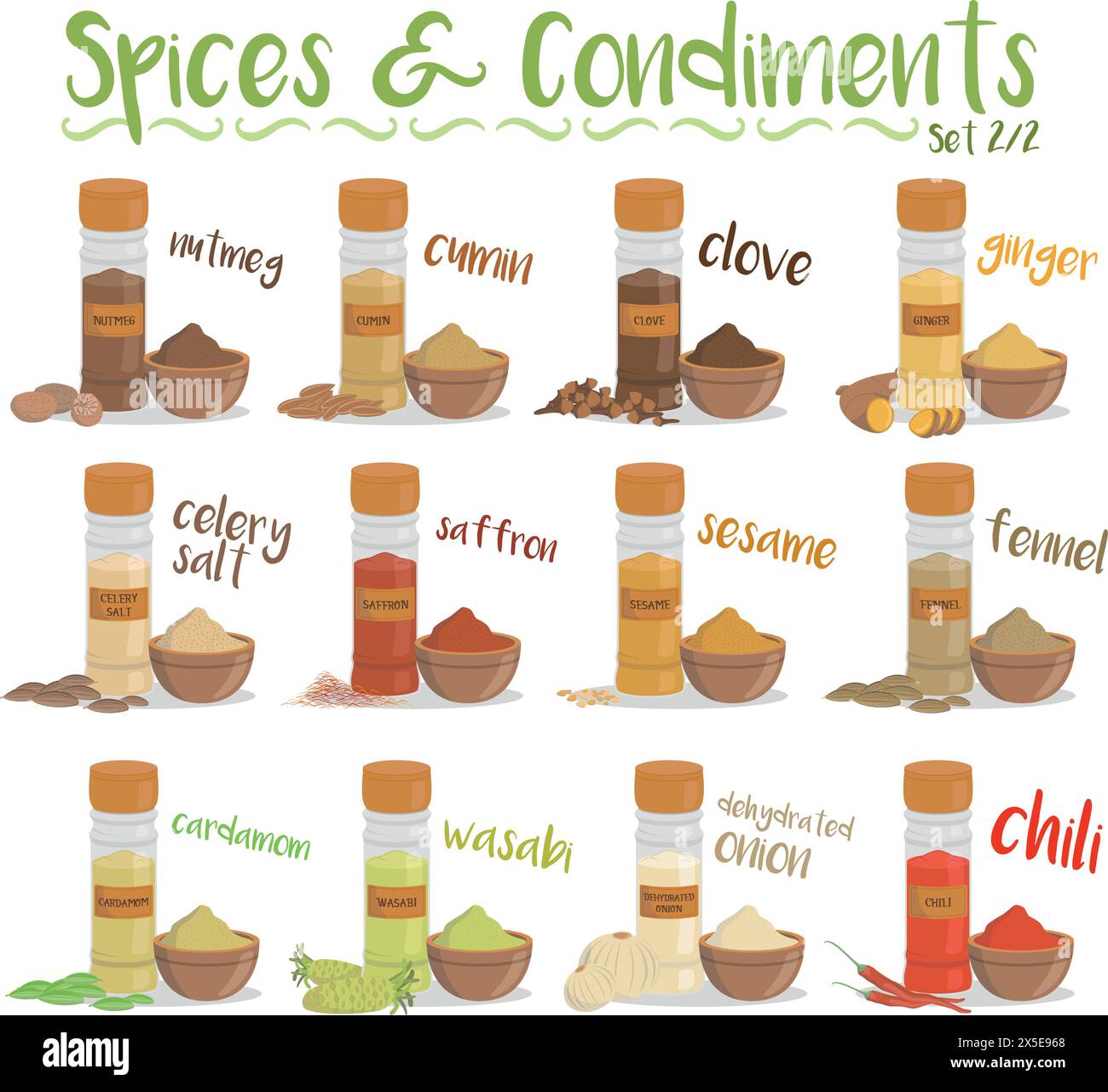 Ensemble de 12 espèces culinaires différentes et condiments dans le style de dessin animé. Jeu 2 de 2 Illustration de Vecteur