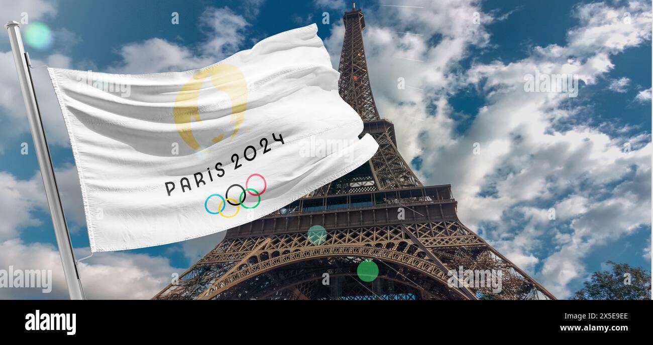 Vue de dessus du drapeau des jeux olympiques français 2024 avec texture grunge. pas de mât. Conception de plan, disposition. Logo officiel du SOG 2024 à Paris Banque D'Images